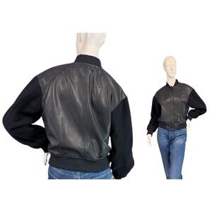 ME+EM Black Lamb Leather & Wool Varsity Style Jacket $545 Women's Size 4